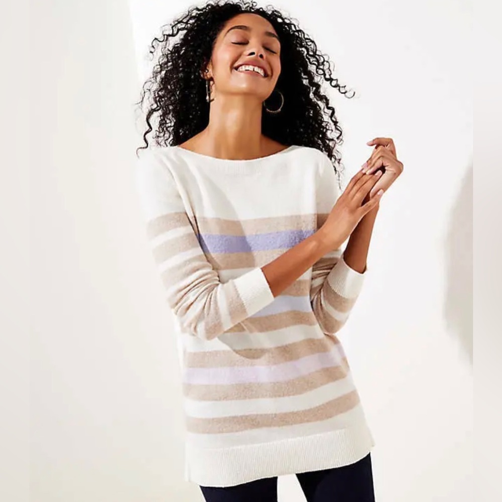 LOFT | White & Tan Striped Boatneck Tunic Sweater - Size 16/18 - EUC